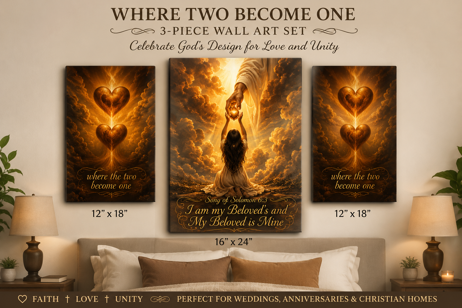 Where Two Become One 3-piece Christian marriage wall art set
