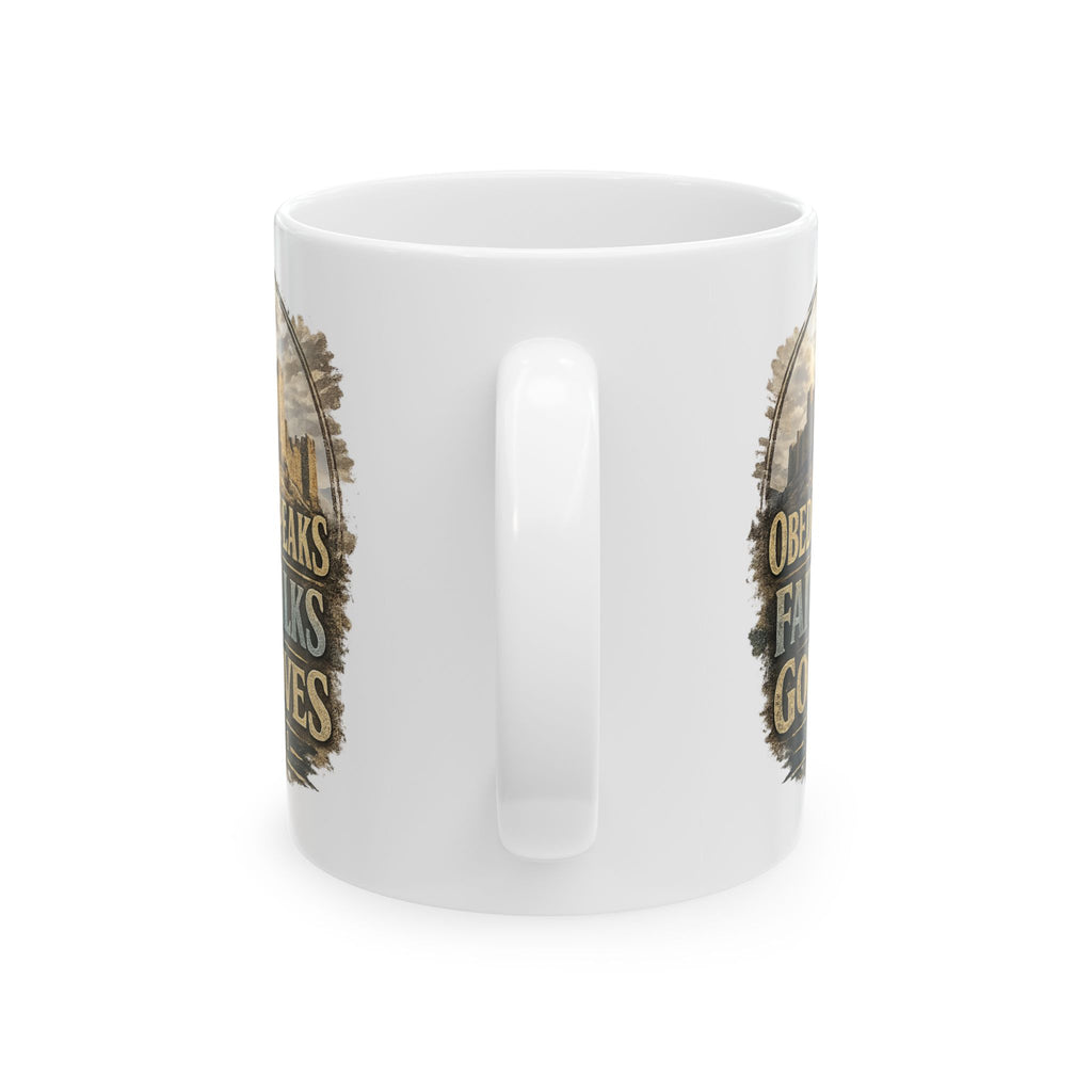 Faith Coffee Mug - "Obedience Speaks, Faith Walks, Love Loves" Inspirational Ceramic Mug