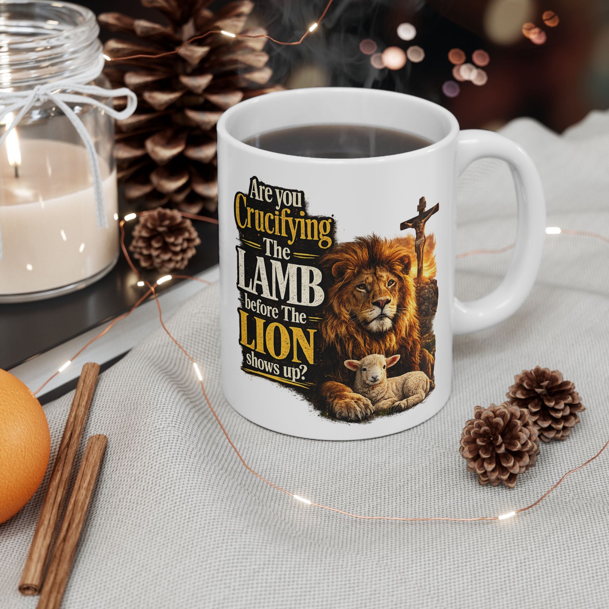 Crucify the Lamb Black Ceramic Mug – Start Every Morning with a Question
