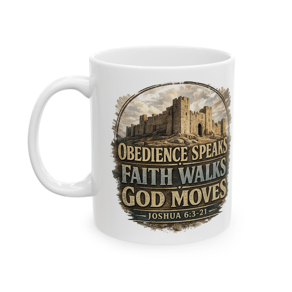 Faith Coffee Mug - "Obedience Speaks, Faith Walks, Love Loves" Inspirational Ceramic Mug